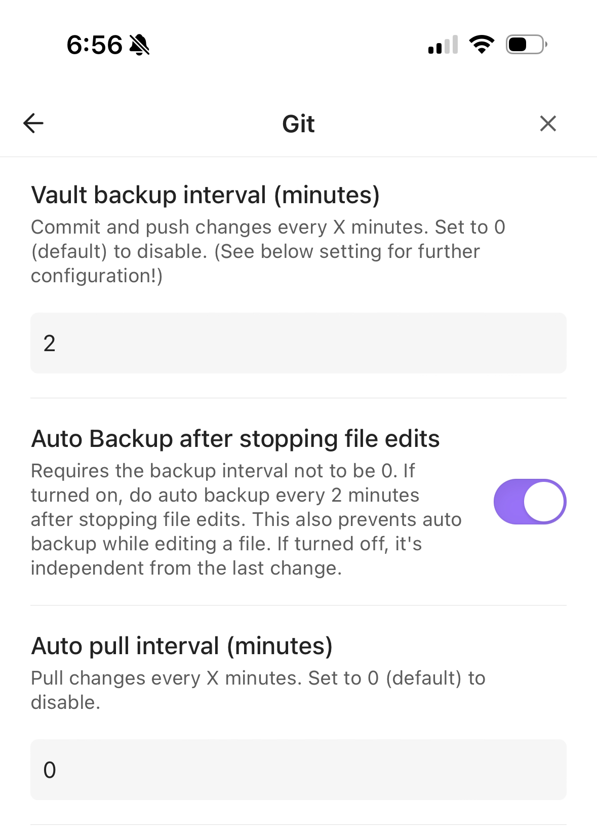 Screenshot of iOS Obsidian git plugin settings