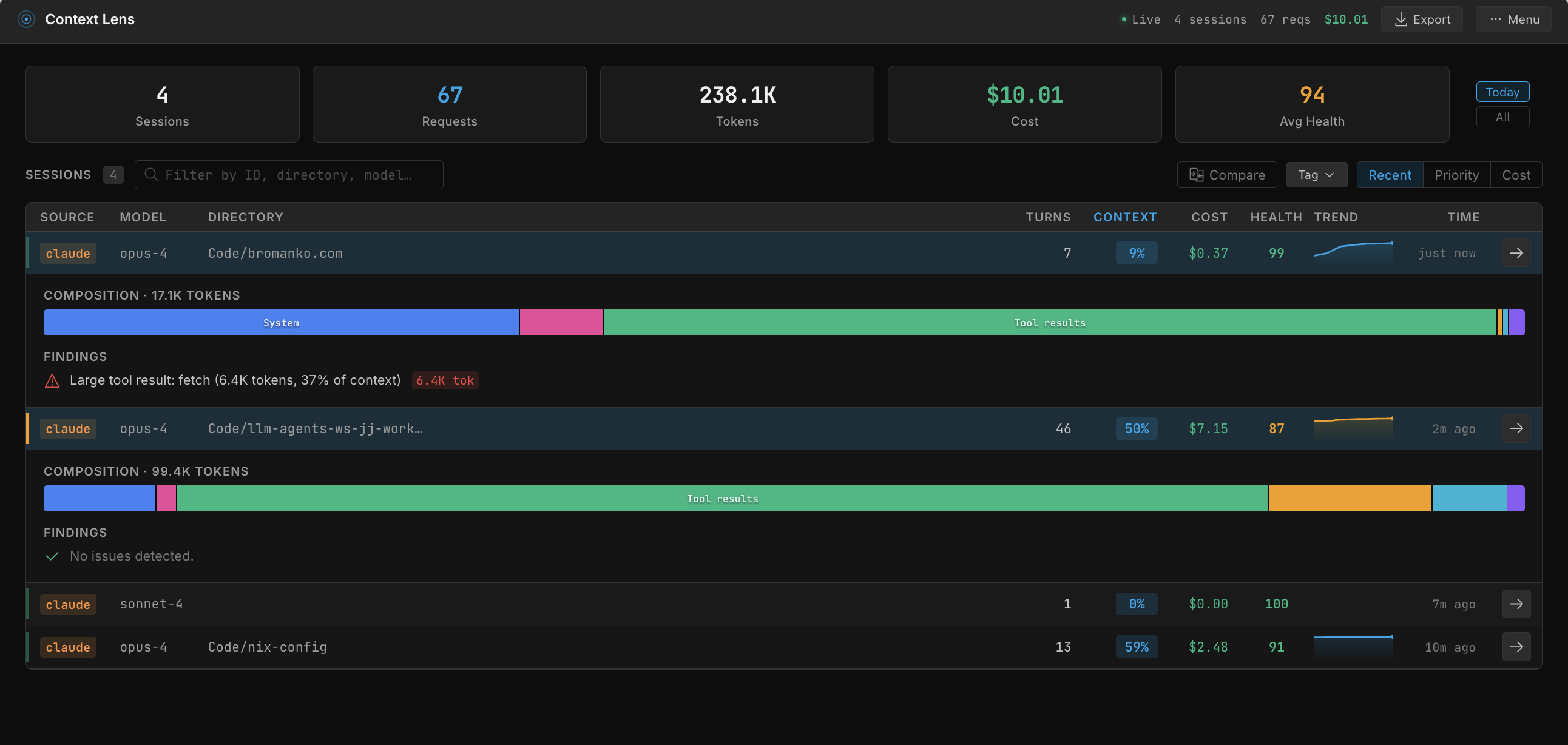 Context Lens sessions overview