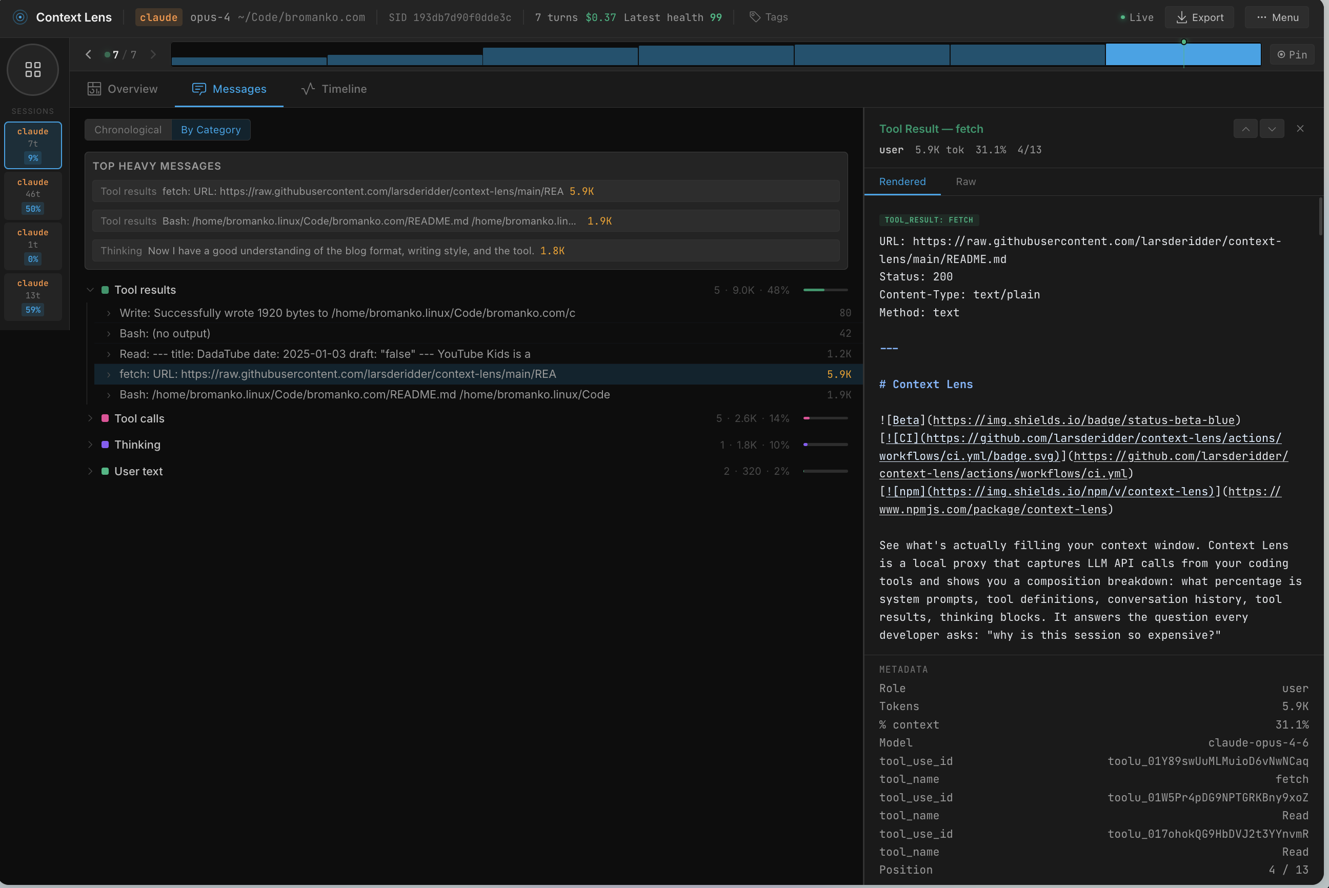 Drill-down showing a bash call consuming 5.9K tokens